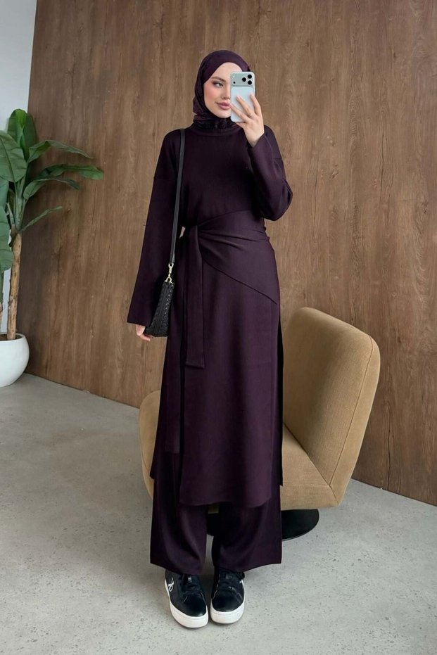 Lafeza Scarf Detail Mercerized Suit Plum