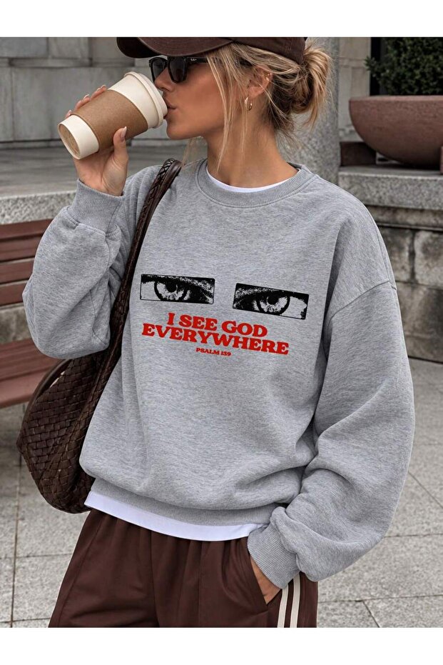 Women's Gray Double Eye Oversize Sweatshirt