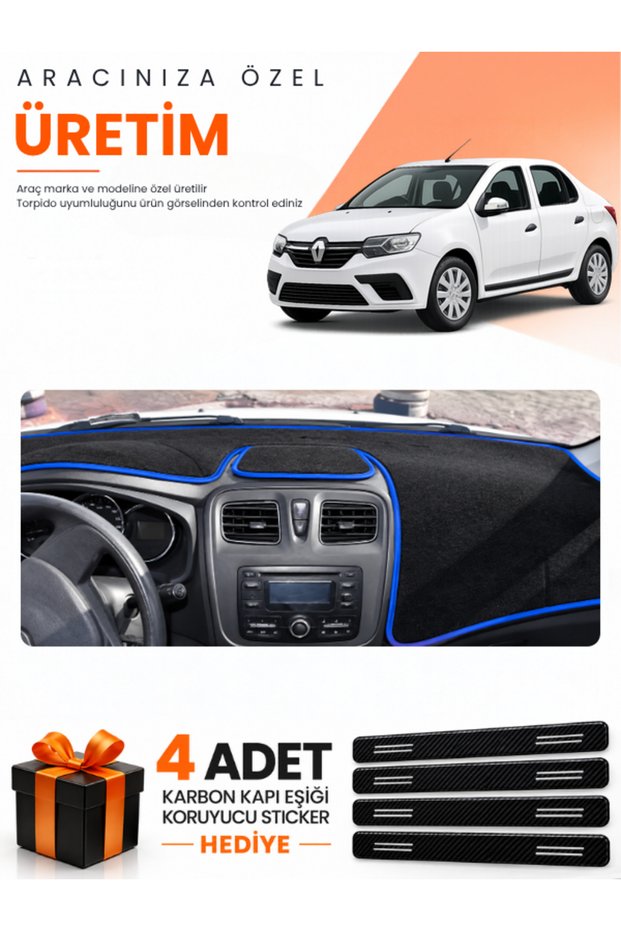 Renault Symbol Long Type.2 (2013-2021) Compatible Torpedo Protection Cover Auto Cover - Black-Blue - Re016