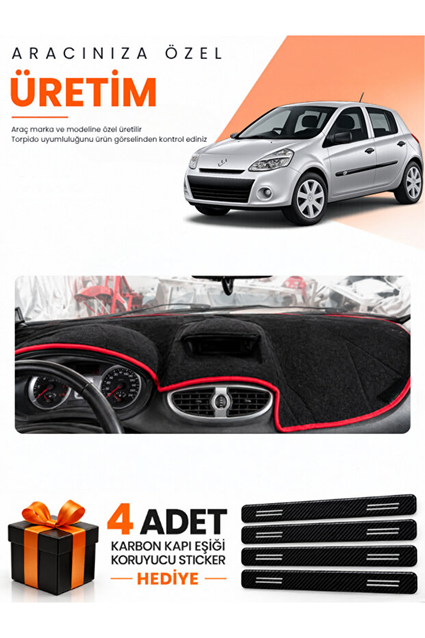 Renault Clio 3 (2005-2012) Compatible Dashboard Protection Cover Auto Cover - Black-Red - Re017