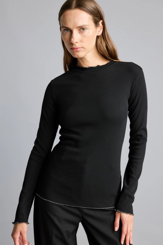 I5060Axbk27 Black Lettuce Edge Detailed Long Sleeve Basic T-Shirt