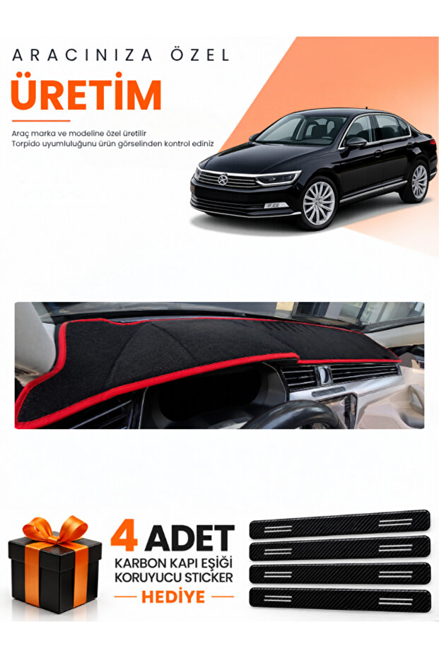 Volkswagen Passat B8 (2015-2020) Compatible Dashboard Protection Cover Auto Cover - Black-Red - Vw017