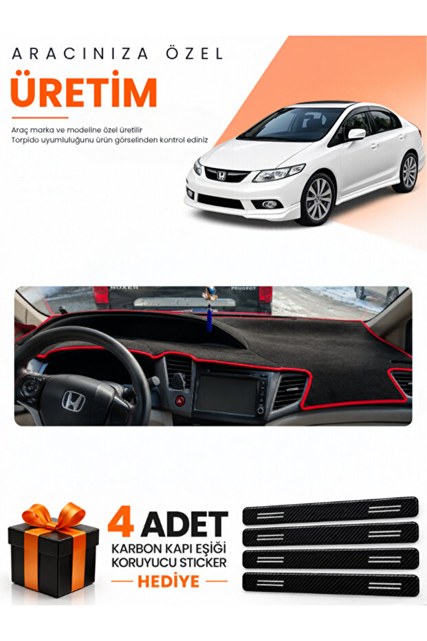 Honda Civic Fb7 (2011-2015) Compatible Torpedo Protection Cover Auto Cover - Black-Red - Ho011