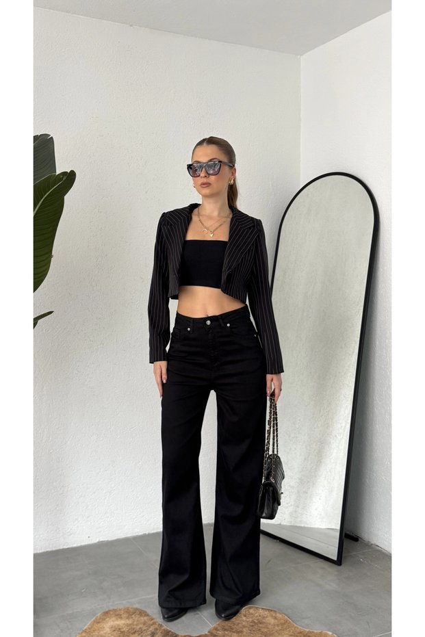 Women's Black High Waist Wide Leg Palazzo Jean Wide Leg Loose Cut Denim Trousers