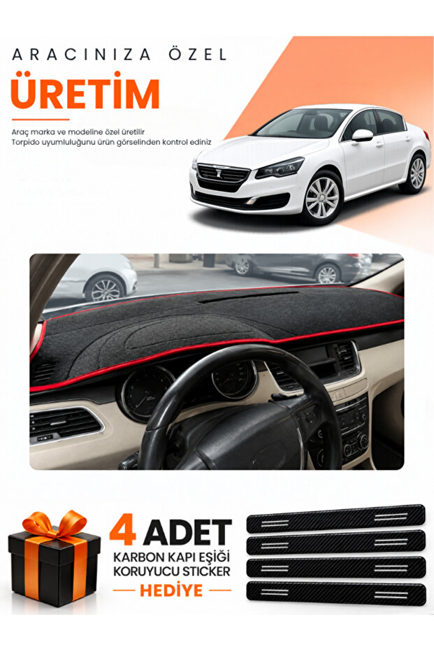 Peugeot 508 (2010-2018) Compatible Dashboard Protection Cover Auto Cover - Black-Red - Pe015