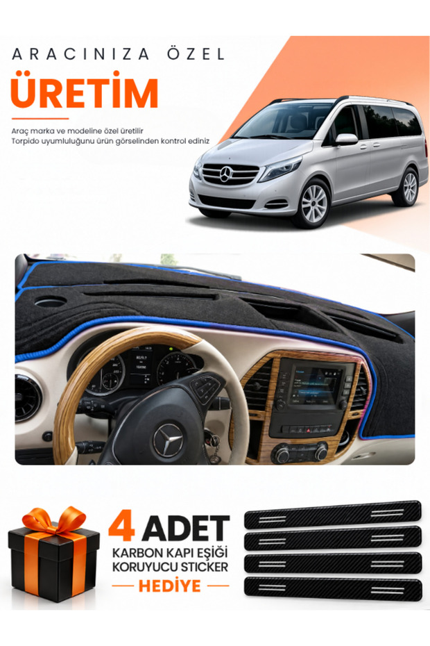 Mercedes Viano W447 (2014-Later) Compatible Torpedo Protection Cover Auto Cover - Black-Blue - Mb023