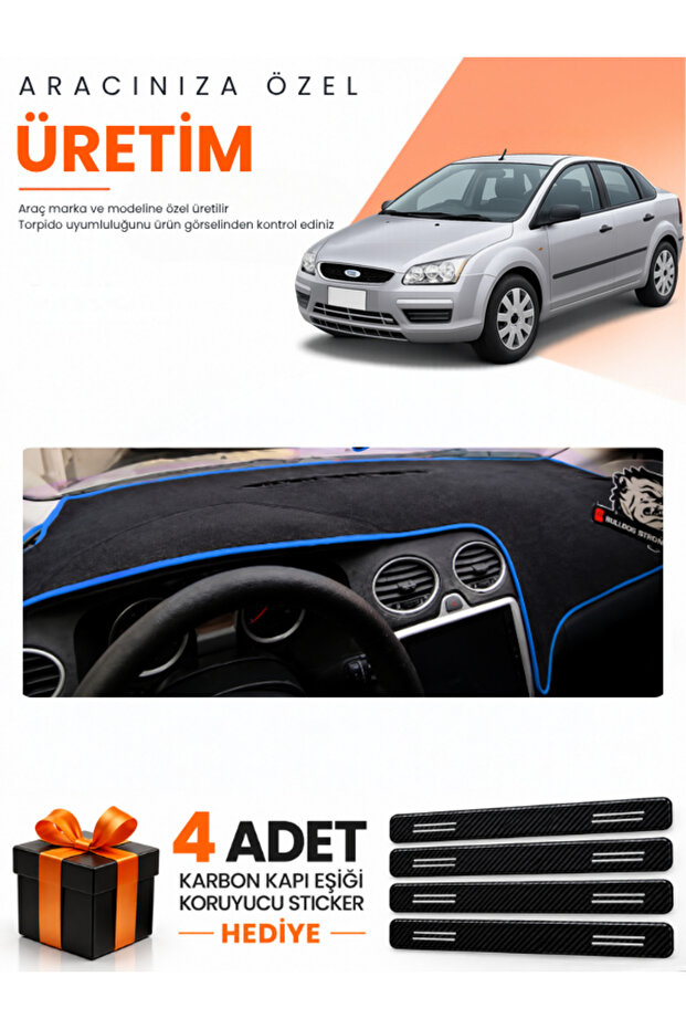 Ford Focus 2 (2005-2008) Compatible Dashboard Protection Cover Auto Cover - Black-Blue - Fo010