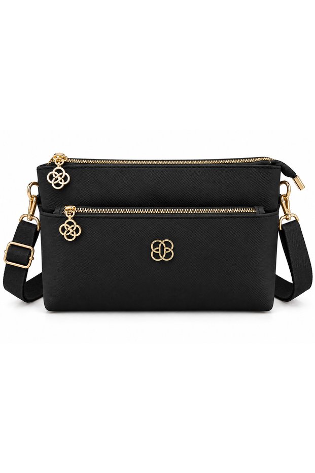 Women's Three-Compartment Faux Leather Stylish Handbag and Shoulder Bag with Gold Accessories