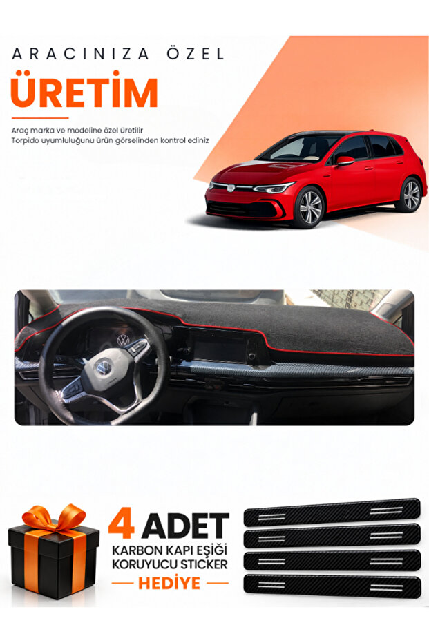 Volkswagen Golf 8 (2021-2025) Compatible Dashboard Protection Cover Auto Cover - Black-Red - Vw034