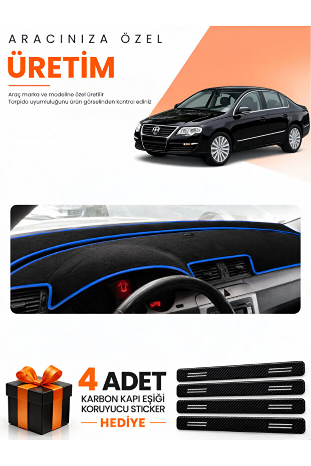 Volkswagen Passat B6 (2005-2010) Compatible Dashboard Protection Cover Auto Cover - Black-Blue - Vw016