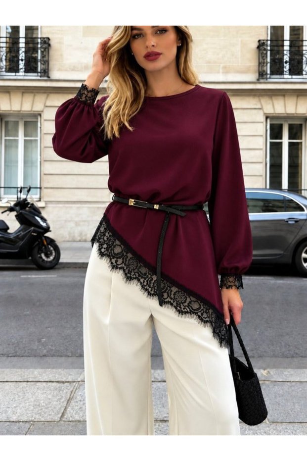 Elegant Touch of Lace - Women's Crew Neck Asymmetrical Lace Detailed Long Sleeve Imported Crepe Blouse (Belt Is Not Included!)
