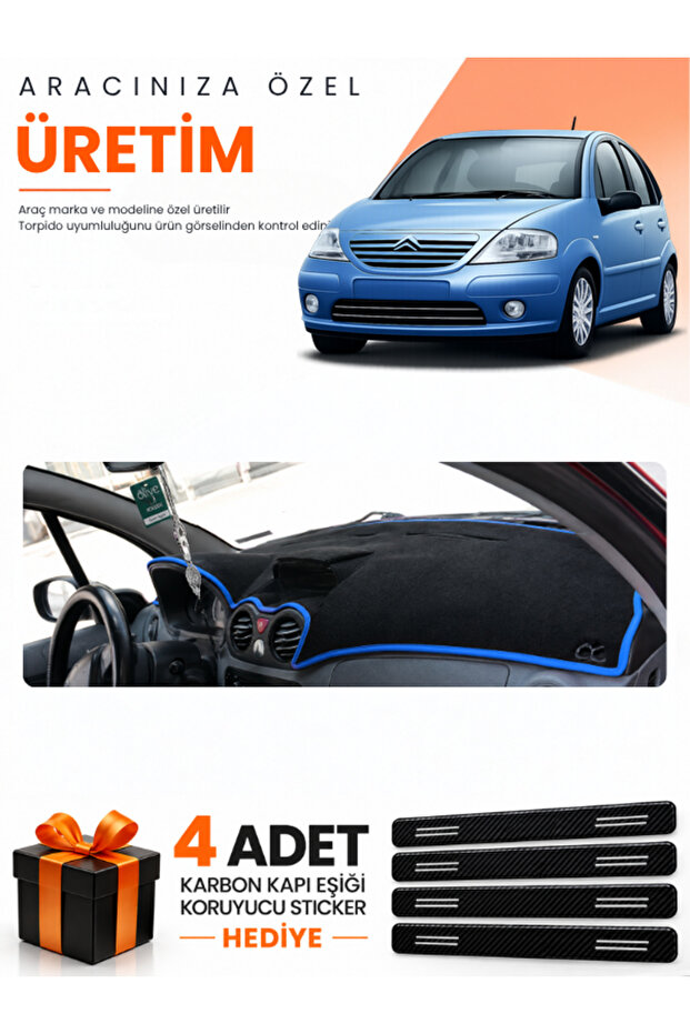 Citroen C3 (2004-2009) Compatible Dashboard Protection Cover Auto Cover - Black-Blue - Ci004