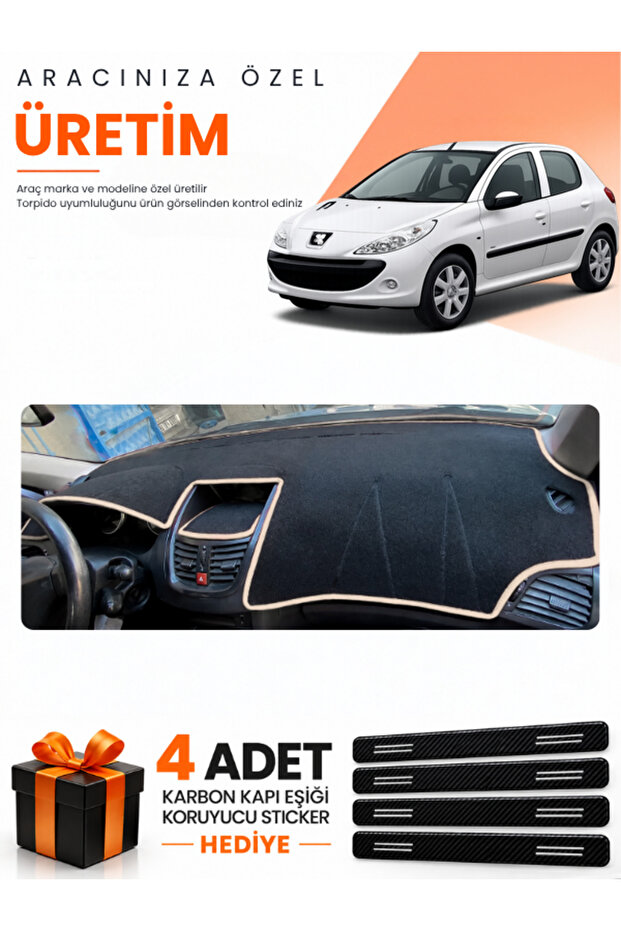Peugeot 206+ (2009-2013) Compatible Dashboard Protection Cover Auto Cover - Black-Beige - Pe004