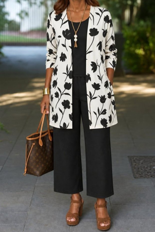 Effortless Elegance with One Set - Women's Floral Print Modal Jacket Viscose Blouse and Pants Three-Piece Set