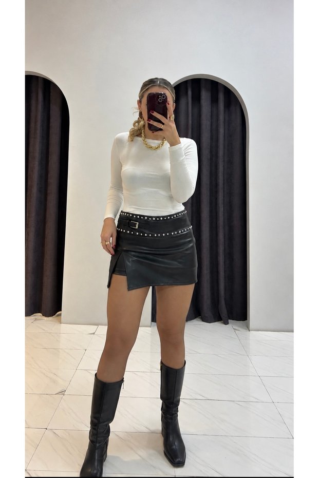 Leather Shorts Skirt with Staple Detail