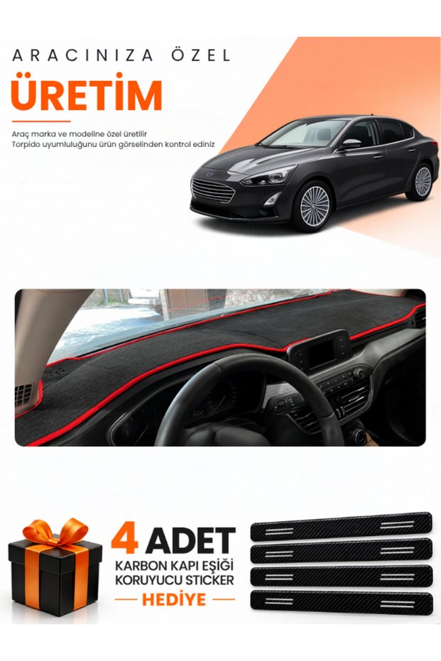 Ford Focus 4 (2017-2021) Compatible Dashboard Protection Cover Auto Cover - Black-Red - Fo013
