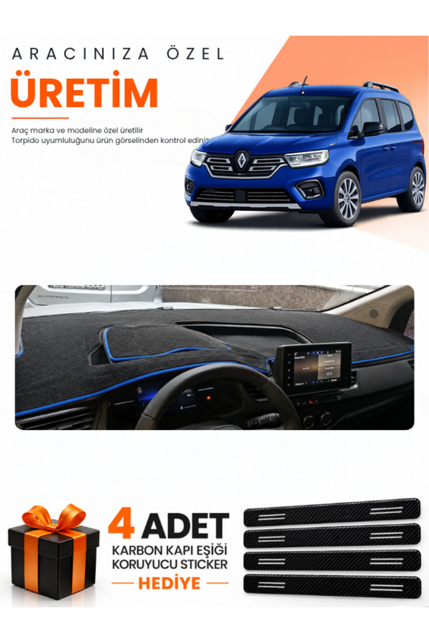 Renault Kangoo (2023-2026) Compatible Dashboard Protection Cover Auto Cover - Black-Blue - Re053