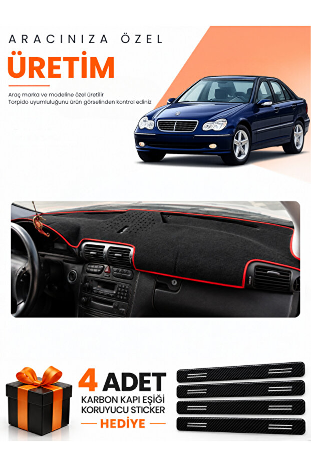 Mercedes W203 C-Class (2000-2007) Compatible Dashboard Protection Cover Auto Cover - Black-Red - Mb005