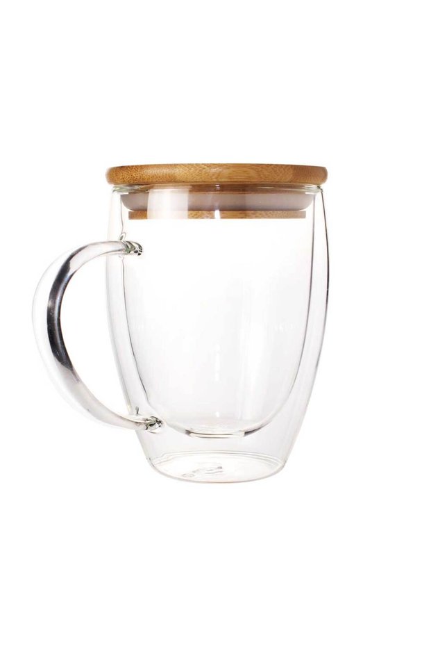 Double Wall Clear Glass Mug with Bamboo Lid