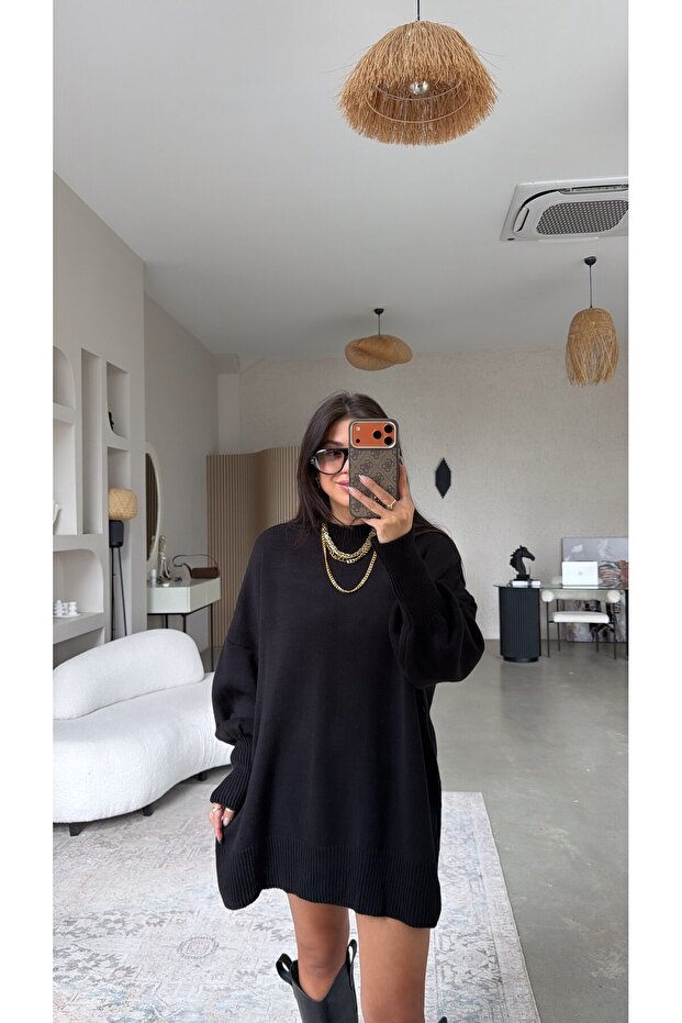 Black Long Oversize Knitwear with Side Slits