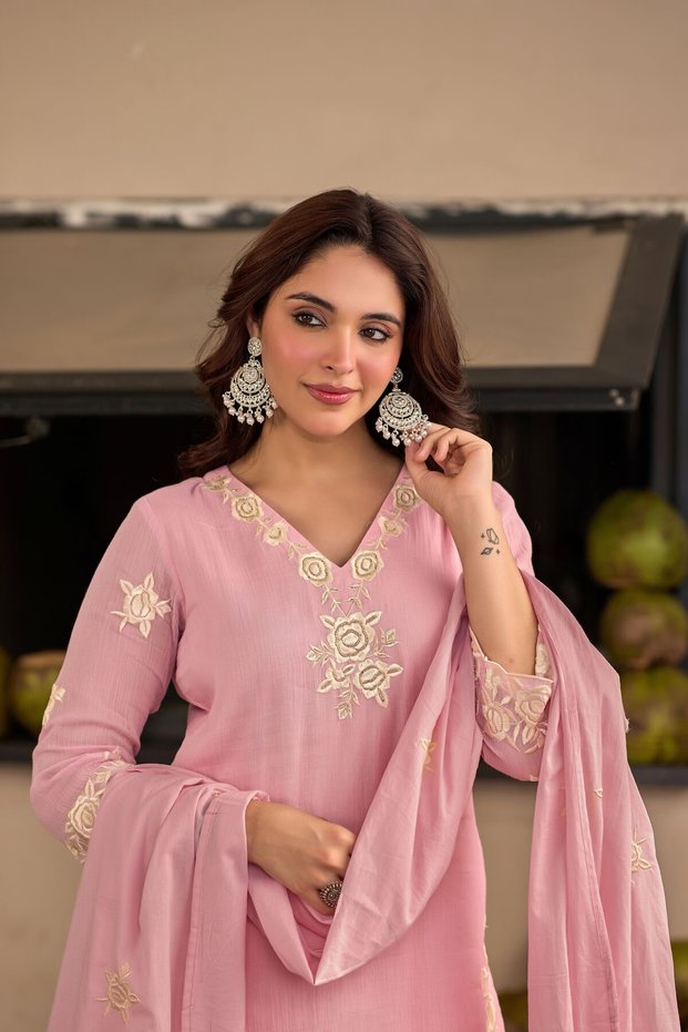 Premium Cotton Crush Embroidered Straight Suit Set for Women with Dupatta & Pants | Indian Ethnic Wear | Salwar Suit for Women | Kurta Set Ladies | Kurti Pant Dupatta Set | Festive & Family Wear