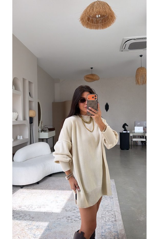 Beige Long Oversized Knitwear with Side Slits