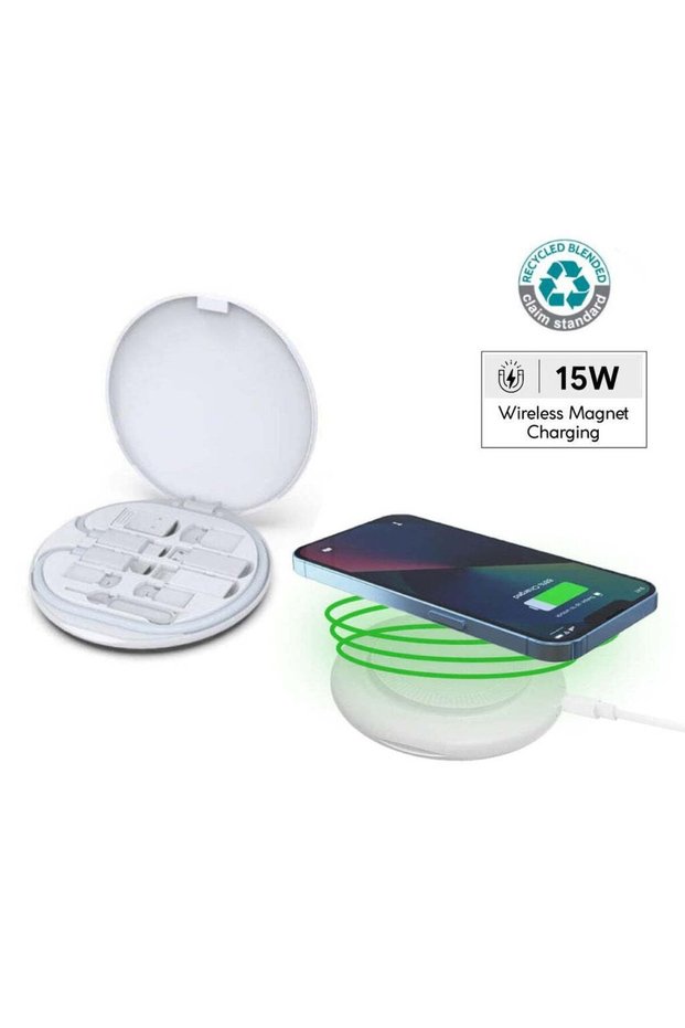 Oslo Mag - Recycled 15W Magnetic Wireless Charger Multicable Set - White