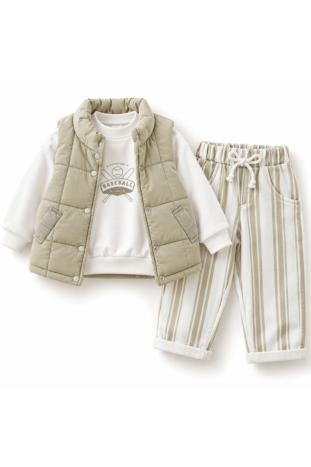 Boys' 3-Piece Set: Puffy Vest, Baseball Printed Sweatshirt and Striped Pants for Ages 2-3-4