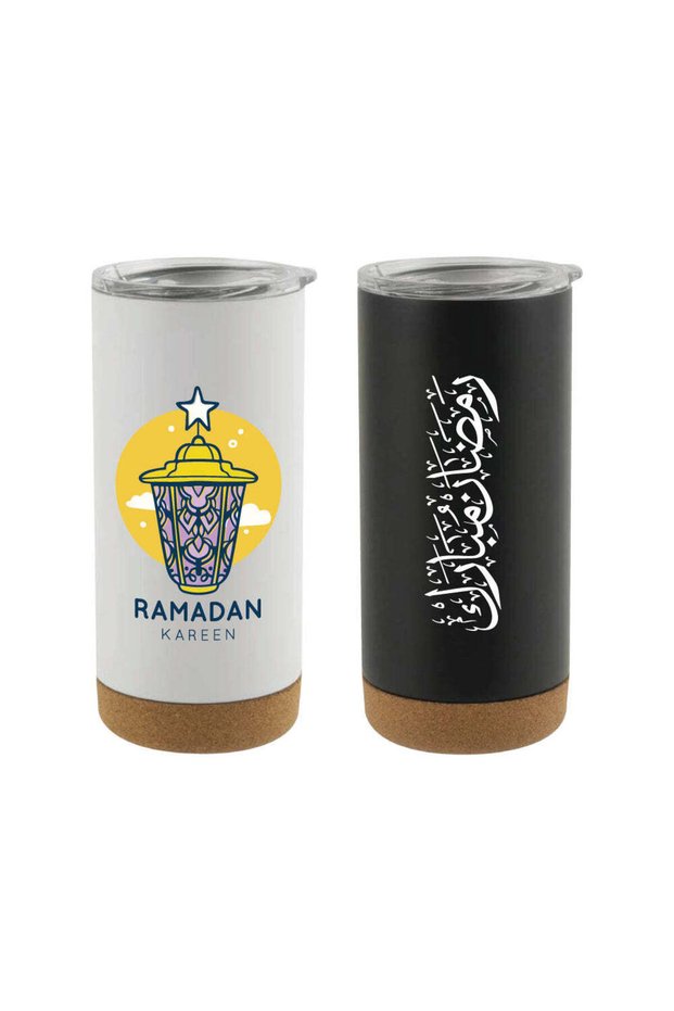 Travel Tumbler with Cork Base 450ml Stainless Steel - Ramadan Gifts, Matt Black