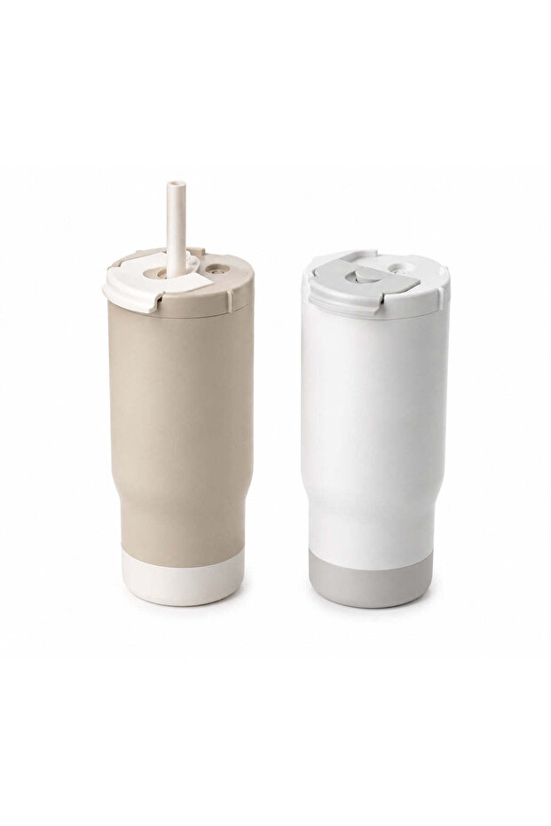 Sipora - 600ml Steel Straw Coffee Mug with Non-Slip Grip, Pearl