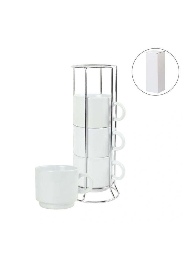 Ceramic Coffee Cups Set 4Pcs in Silver Metal Rack