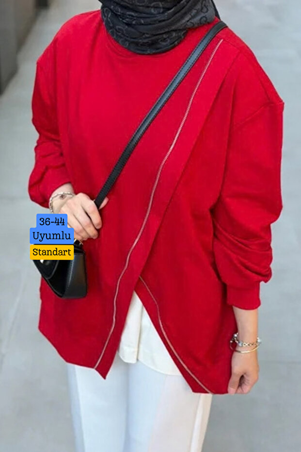 Women's 2 Thread Combed Cotton Zipper Detailed Asymmetrical Cut Hijab Tunic 371