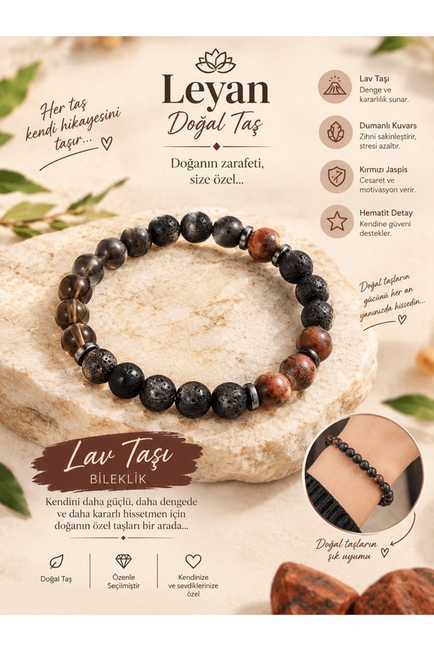 Calmness and Stability Themed Natural Stone Bracelet | Lava Stone Smoky Quartz Red Jasper Hematite