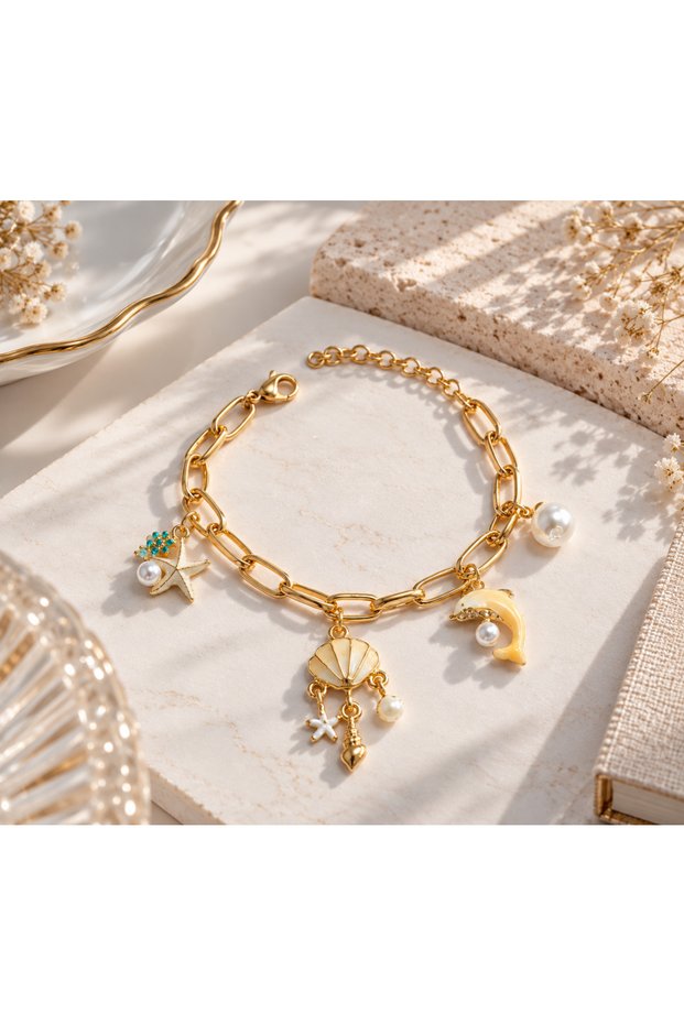 Marea Sea Star Dolphin Seashell Pearl Charm Steel Bracelet