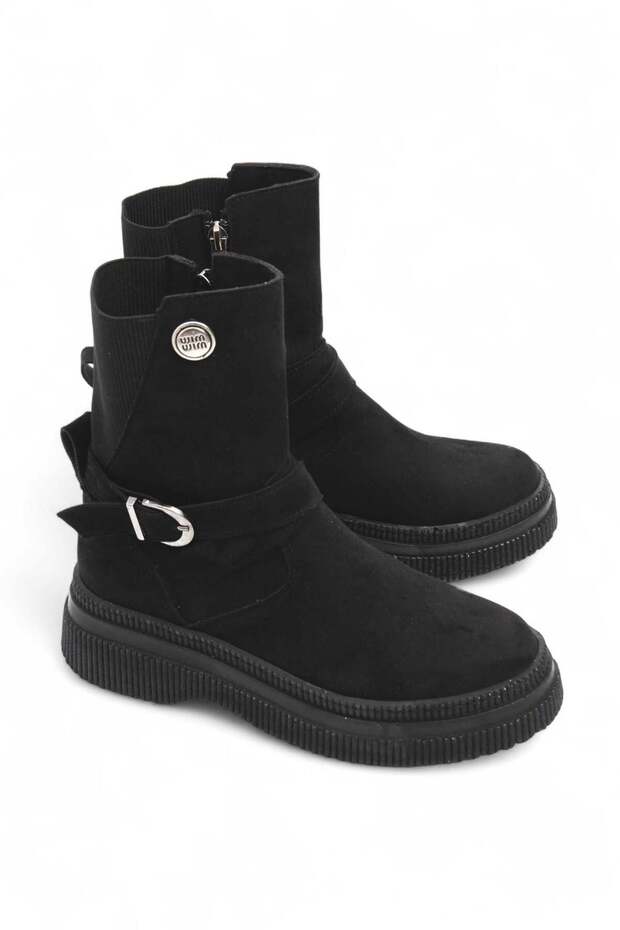 Black Suede Textured Thick Sole Boots with Side Zipper and Elastic Back, Suitable for Daily Use