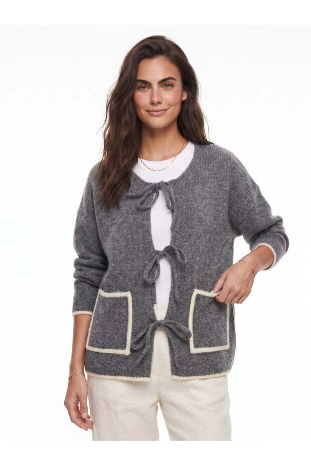 Gray Melange Soft Textured Knitwear Long Sleeve Front Tie Pocket Detailed Comfortable Fit Cardigan