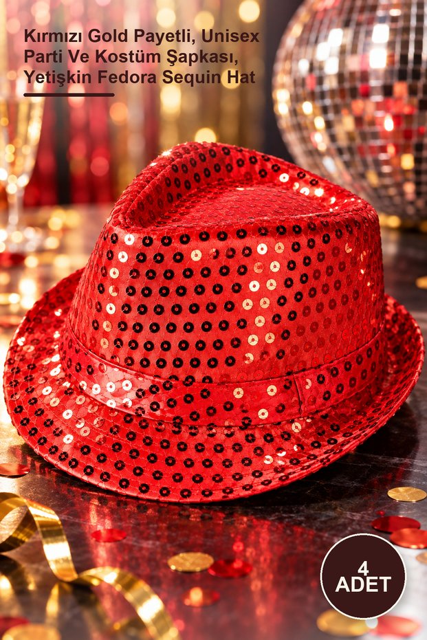 4 Pieces Fedora Hats – Red with Gold Sequins, Unisex Party and Costume Hat, Adult Fedora Sequin Hat