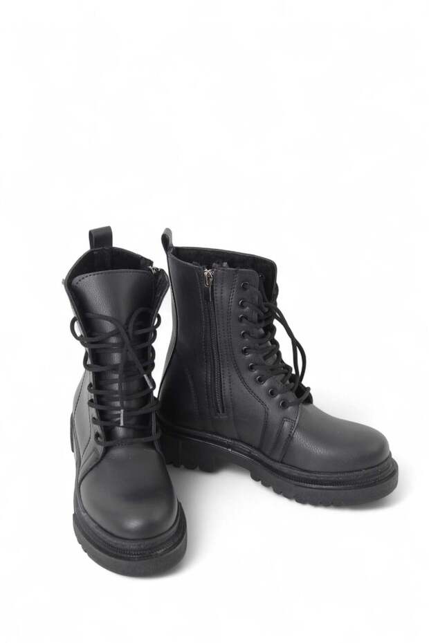 Black Flexible Sole Lace-Up Comfortable Boots with Side Zipper Detail