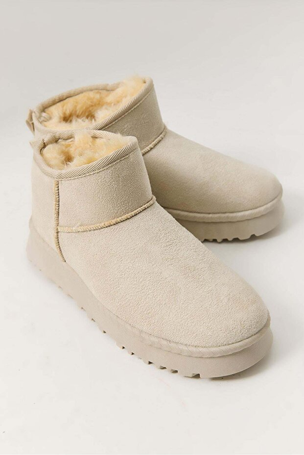 Cream Suede Textured Fur Inside, Flexible Thick Sole, Comfortable Fit, Flat Cut Ankle-Length Boots