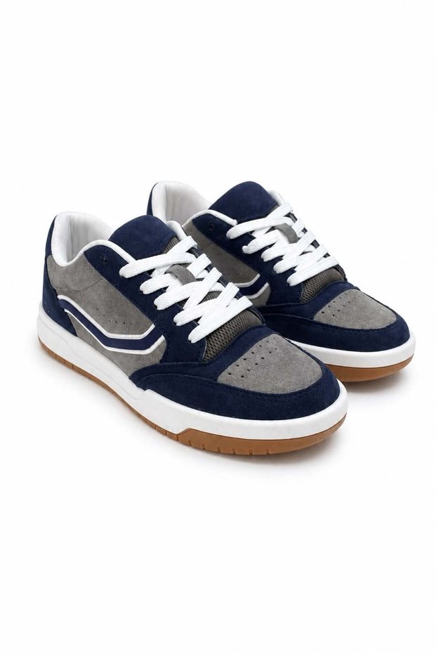 Navy Blue Suede Textured Lace-Up Retro Style Three Centimeter Thick Sole Sports Shoes