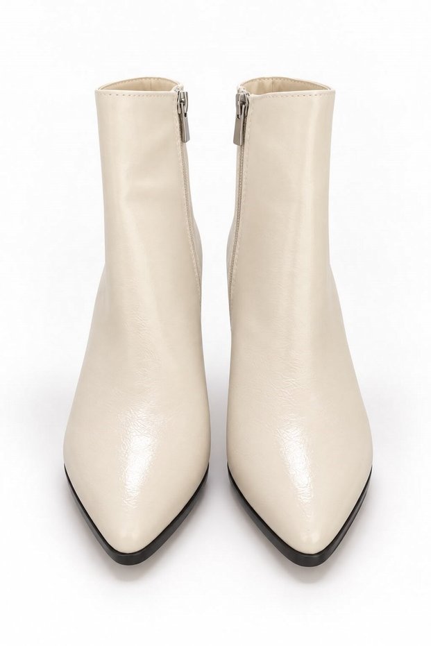 Cream Shiny Textured Pointed Toe Zippered Seven Centimeter High Heel Form Boots