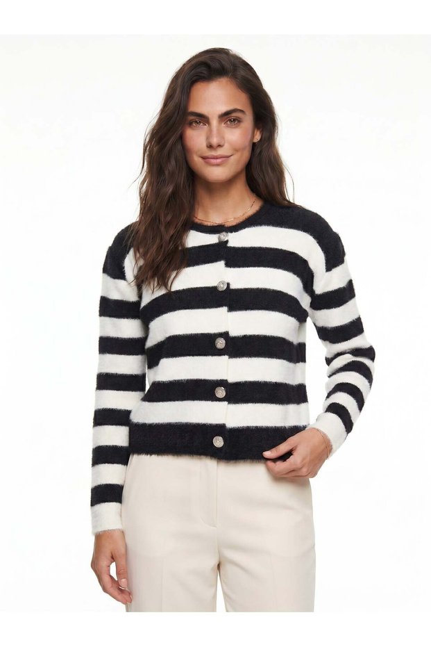 Black Ecru Acrylic Textured Crew Neck Striped Bearded Soft Knitted Cardigan
