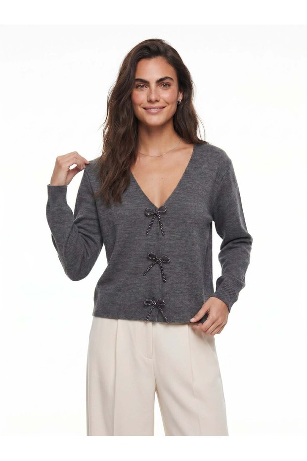 Anthracite Knitwear Fabric V-Neck Long Sleeve Standard Fit Cardigan with Pearls and Bow Accessories