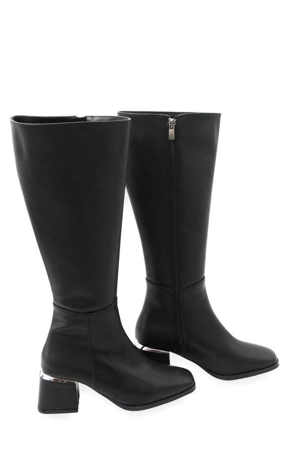 Black Flexible Sole, Comfortable Fit, Square Toe, Mid-Heel Boots with Side Zipper Below the Knee