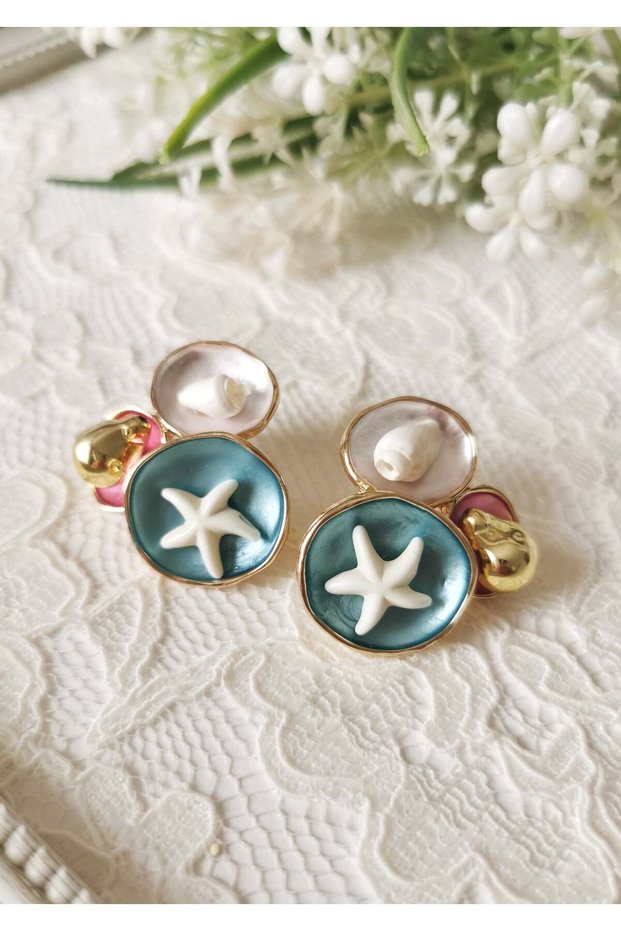 Vintage Design Earrings with Blue Starfish Figure 3X3 cm
