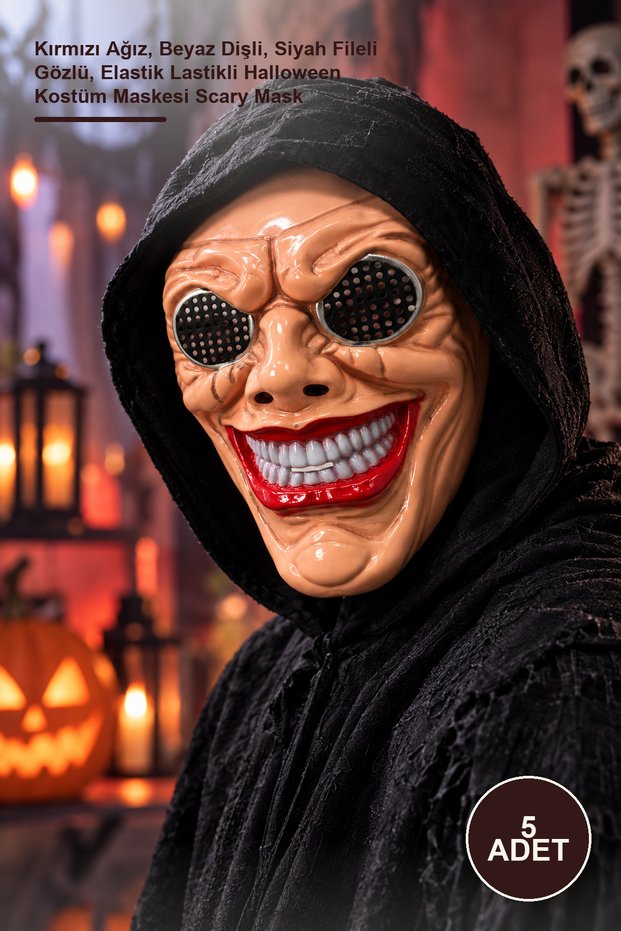 5 Pieces Plastic Horror Mask – Red Mouth, White Teeth, Black Mesh Eyes, Elastic Rubber Halloween Costume Mask Scary Mask
