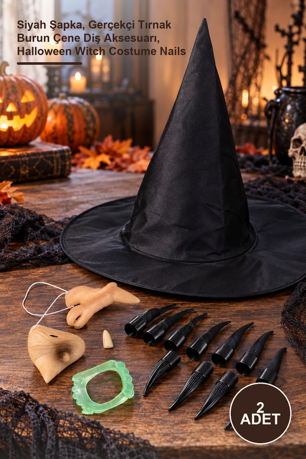 2Pcs Witch Costume Set – Black Hat, Realistic Nail Nose Chin Teeth Accessory, Halloween Witch Costume Nails