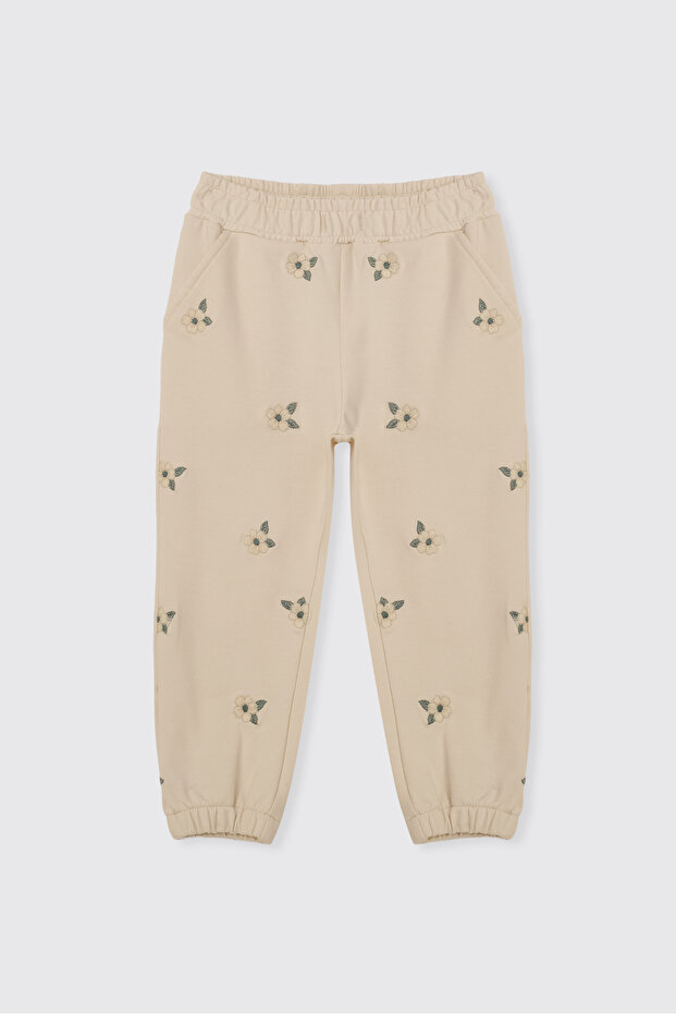 Baby Girl Embroidered Beige Sweatpants
