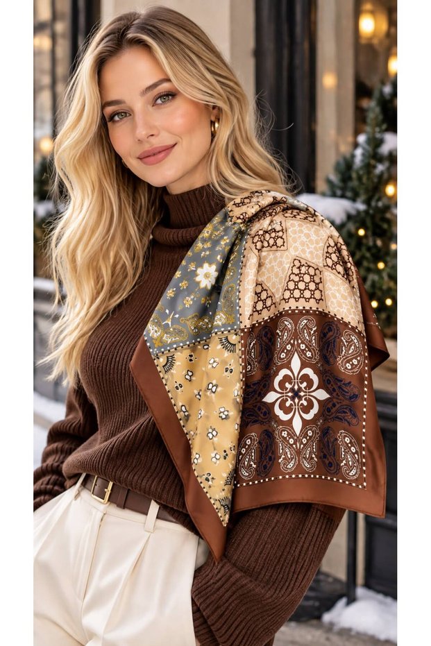 Flr27-43 Brown Patterned Women's Scarf 70X70 cm