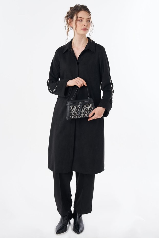 Suede Tunic with Embroidery Detail in Black